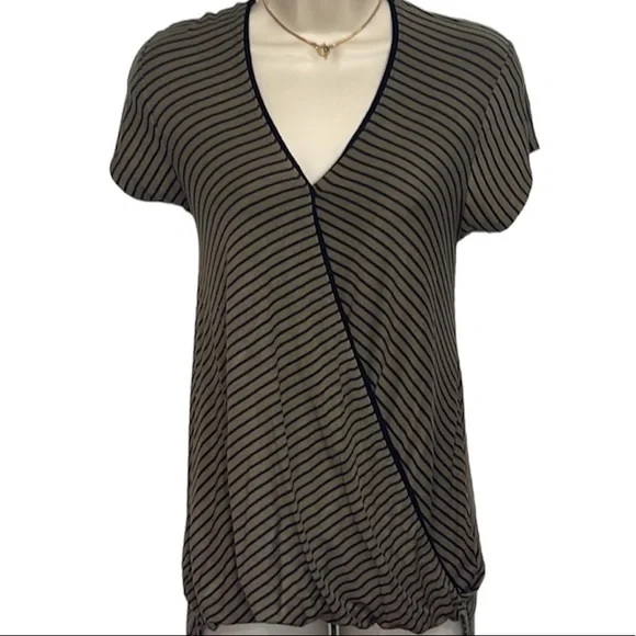 Anthro Maeve Leila Olive Green Striped Short Sleeve Top - Picture 2 of 6
